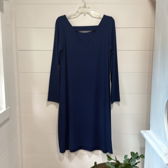 Eileen Fisher Deep Blue Ballet Neck Keyhole Length Long Sleeve Dress Size Medium - Picture 6 of 9